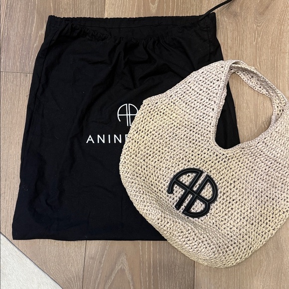 New Anine Bing Natural Crochet Small Leah Hobo with Black Monogram - Picture 9 of 10